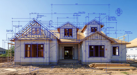 3D rendering of a house under construction with drawing lines and blue skyの素材