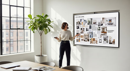 Woman using mobile phone in modern office. She is standing with her back to the camera and looking at the screen. She is wearing a white blouse and black trousers.の素材