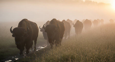 Bison in the fog at sunrise in the Netherlands, Europe.の素材