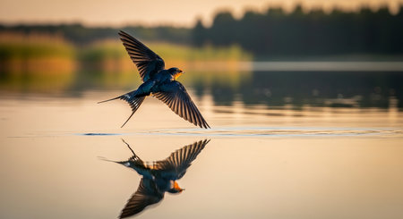 Swallow (Hirundo rustica) in flight on lakeの素材