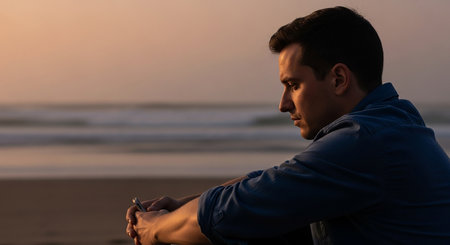 Young man sitting on the beach and looking to the sea at sunsetの素材