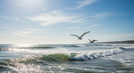 Seagulls flying over the sea in a beautiful sunny dayの素材