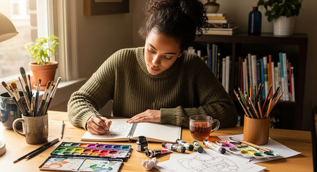 african american woman drawing with watercolors in home officeの素材