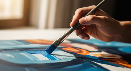 Painting with oil paints, close-up of female hand holding paintbrushの素材