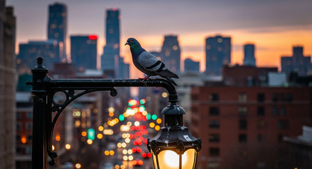 Pigeon sitting on a street lamp in New York City.の素材