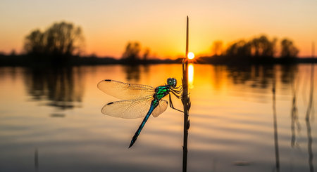 Beautiful dragonfly on the background of the setting sun on the lakeの素材