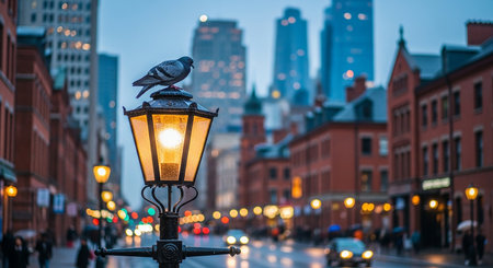 Dove sitting on a street lamp in Boston, Massachusetts, USA.の素材