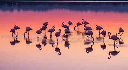 Greater flamingo (Phoenicopterus roseus) at sunset in the lakeの素材