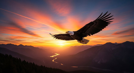 Bald Eagle in flight over the mountains at sunset. 3d renderingの素材