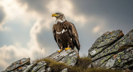 Adult Bald Eagle (Haliaeetus albicilla) sitting on a rock.の素材