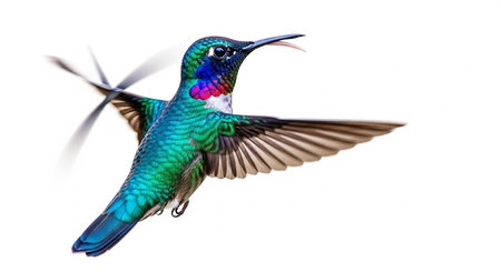 Colibri hummingbird in flight isolated on white background with clipping pathの素材