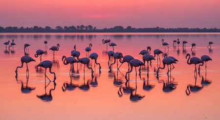 Flamingos in the lake at sunset, Camargue, Franceの素材