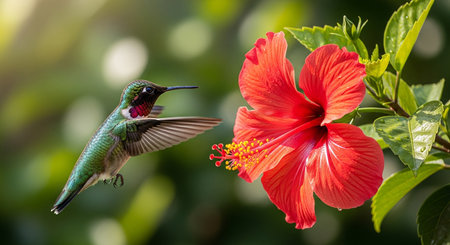 Ruby-throated Hummingbird feeding on red hibiscus flowerの素材
