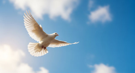 White dove flying in the blue sky with white clouds. Freedom concept.の素材