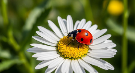 Ladybug on camomile flower in nature. Macro photo.の素材