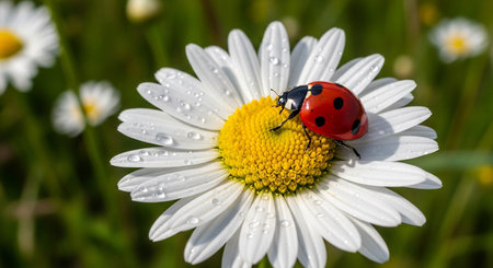 ladybug on camomile flower with water drops close upの素材