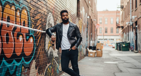 Handsome african american man in leather jacket and jeans posing in an urban context.の素材