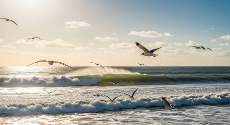 Seagulls flying over the sea at sunset. Beautiful seascape.の素材