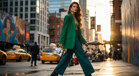 Beautiful young brunette woman in a green suit on the streets of New Yorkの素材