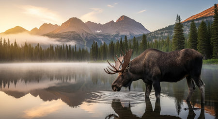 Moose in Jasper National Park, Alberta, Canada. This is a 3d render illustration.の素材