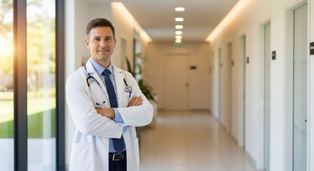 Portrait of smiling male doctor standing with arms crossed in hospital corridorの素材