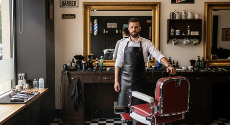 Handsome bearded barber in apron standing in the barbershopの素材