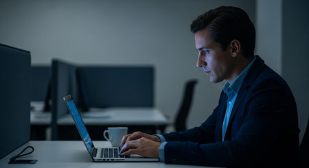 Young businessman working late at night in office using laptop computer and drinking coffee.の素材