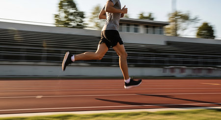 Runner athlete running on athletic race track. woman fitness jogging workout wellness concept.の素材