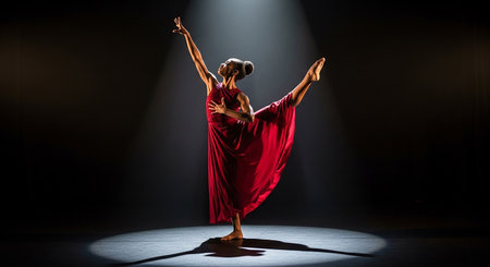 Ballet dancer in a red dress dancing on stage with spotlightsの素材