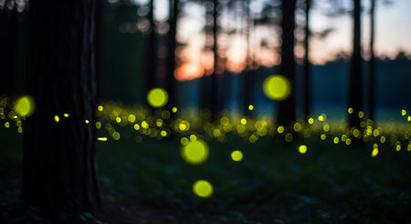 Defocused bokeh lights in the pine forest at sunset.の素材