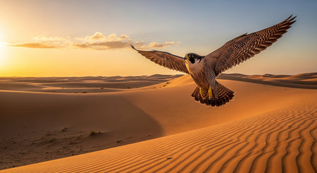 Peregrine falcon flying over the Sahara desert in Moroccoの素材