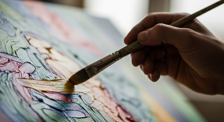 Artist painting a picture on canvas with oil paint, close-upの素材