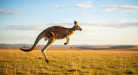 Kangaroo jumping in the field at sunset, Kangaroo island, Australiaの素材