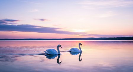 Two white swans swimming on the lake at sunset. Beautiful nature backgroundの素材