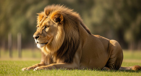 Male lion lying on grass in a park in the evening light.の素材