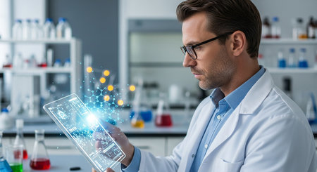 young scientist in white coat holding digital tablet with hologram in laboratoryの素材