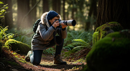Photographer taking a picture in the forest. Travel and adventure concept.の素材