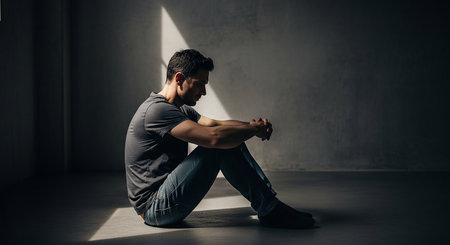 Depressed man sitting on the floor in dark room and looking downの素材