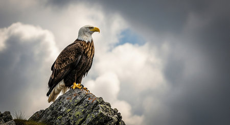 Bald Eagle sitting on top of a rock with stormy skyの素材