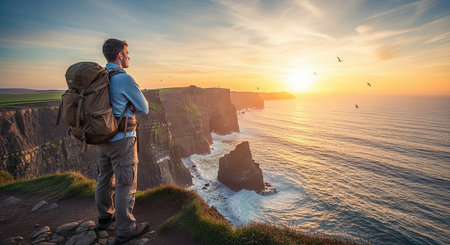 Tourist with a backpack standing on the edge of cliff and admiring view of the cliffs of Moher, County Clare, Irelandの素材