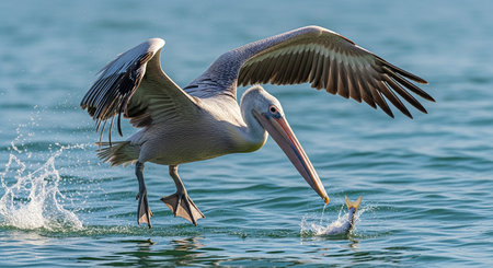 Great White Pelican (Pelecanus onocrotalus) catching a fishの素材