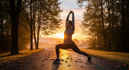 Athletic young woman stretching in the park at sunrise.の素材