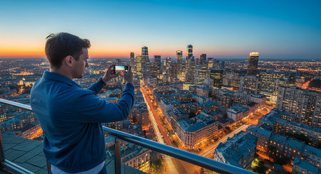 Man taking a picture of New York City Manhattan skyline at sunset.の素材