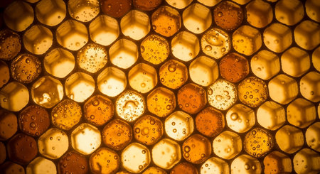 Abstract hexagon structure as a background. Honeycomb pattern consisting of hexagon bee honeycombs filled with golden nectar, honeycombs summer composition consisting of beeswax, honeycombs beeswaxの素材