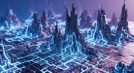 Futuristic city with circuit board. 3d rendering toned imageの素材