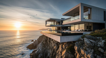 Luxury house on the rocky coast at sunset with a view of the seaの素材