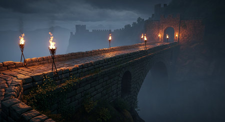 Medieval bridge with burning torches in the fog. 3d renderingの素材