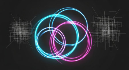 Abstract neon circle background. Futuristic technology style. Elegant background for business tech presentations.の素材