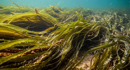 Close-up of seaweed on the seabed with water dropsの素材