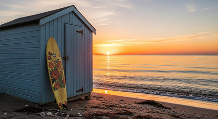 Beach hut with surfboard at sunset on the Baltic Sea.の素材